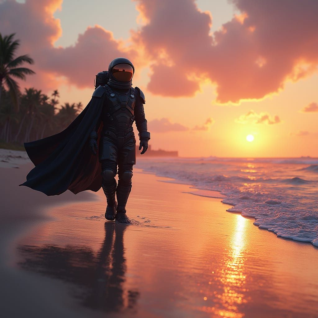 Astronaut in a Tropical Sunset Landscape