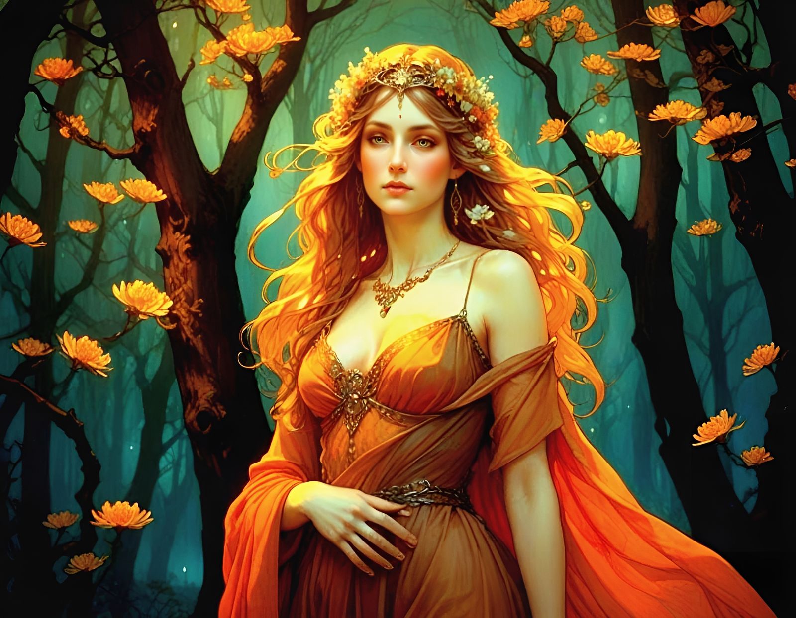 Elven Goddess Adorned in Silver Filigree and Emberblooms