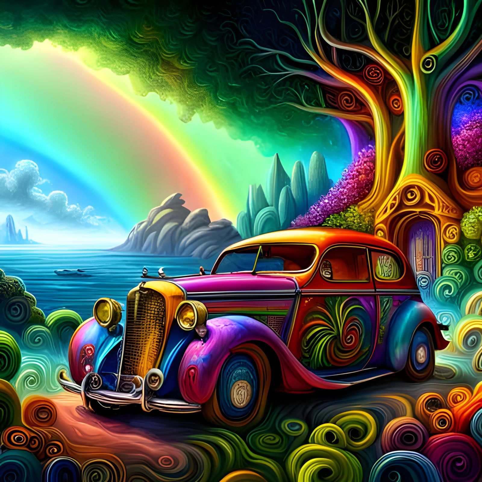 Whimsical Rainbow Car in Enchanted Forest