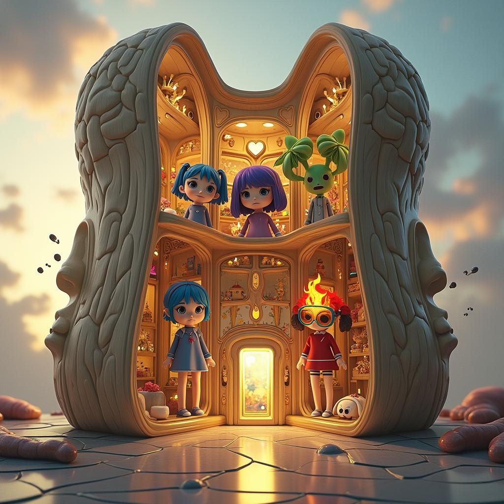 Brain-Shaped House with Emotion Dolls, Digital Art