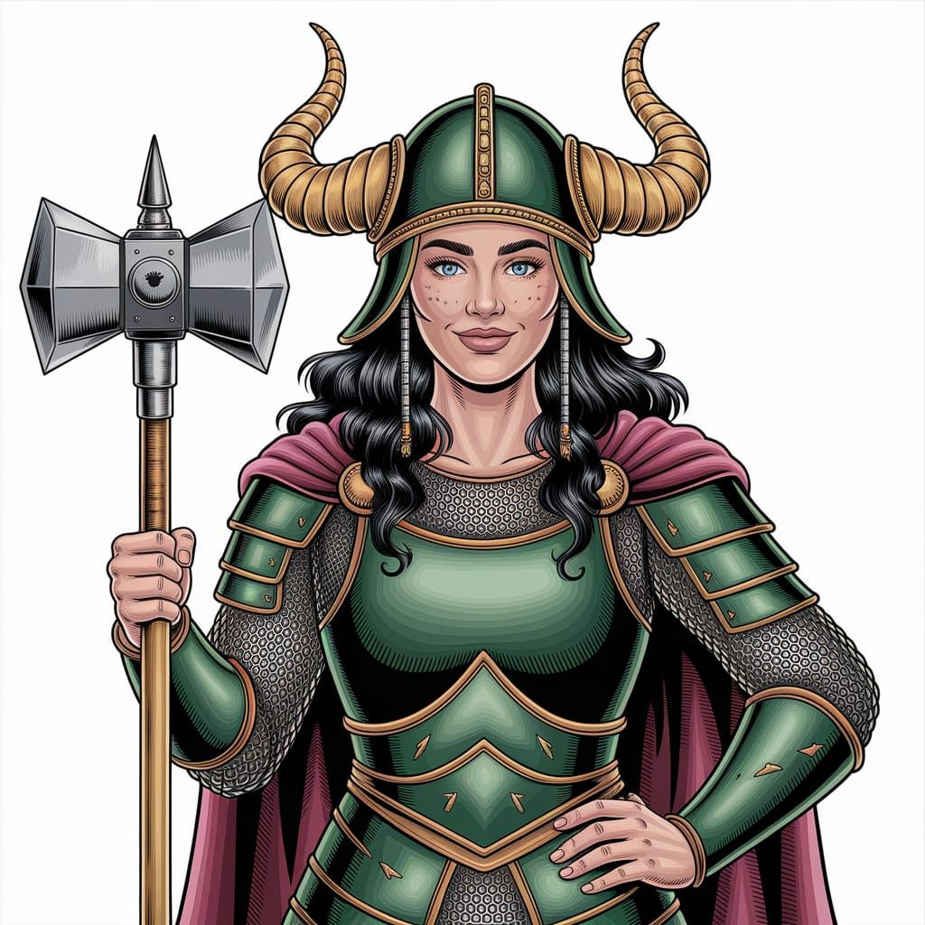 Queen in Green and Gold Armor with Warhammer