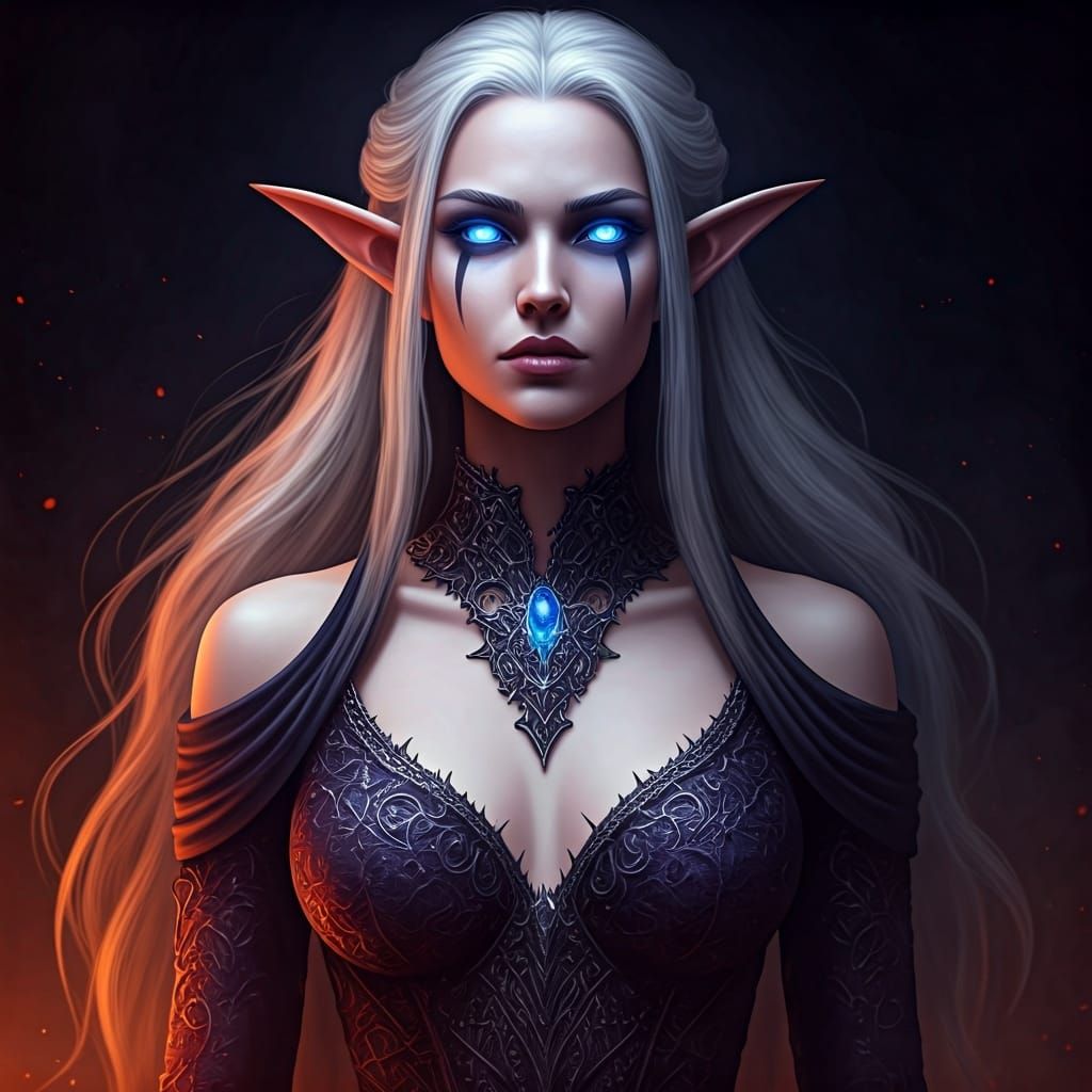 Mysterious Elf with Glowing Eyes in Violet Gown