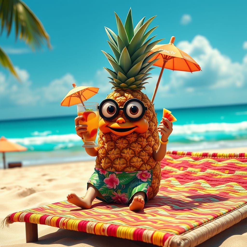 Fantastical Pineapple in Vibrant Beach Scene with Cartoon Ey...