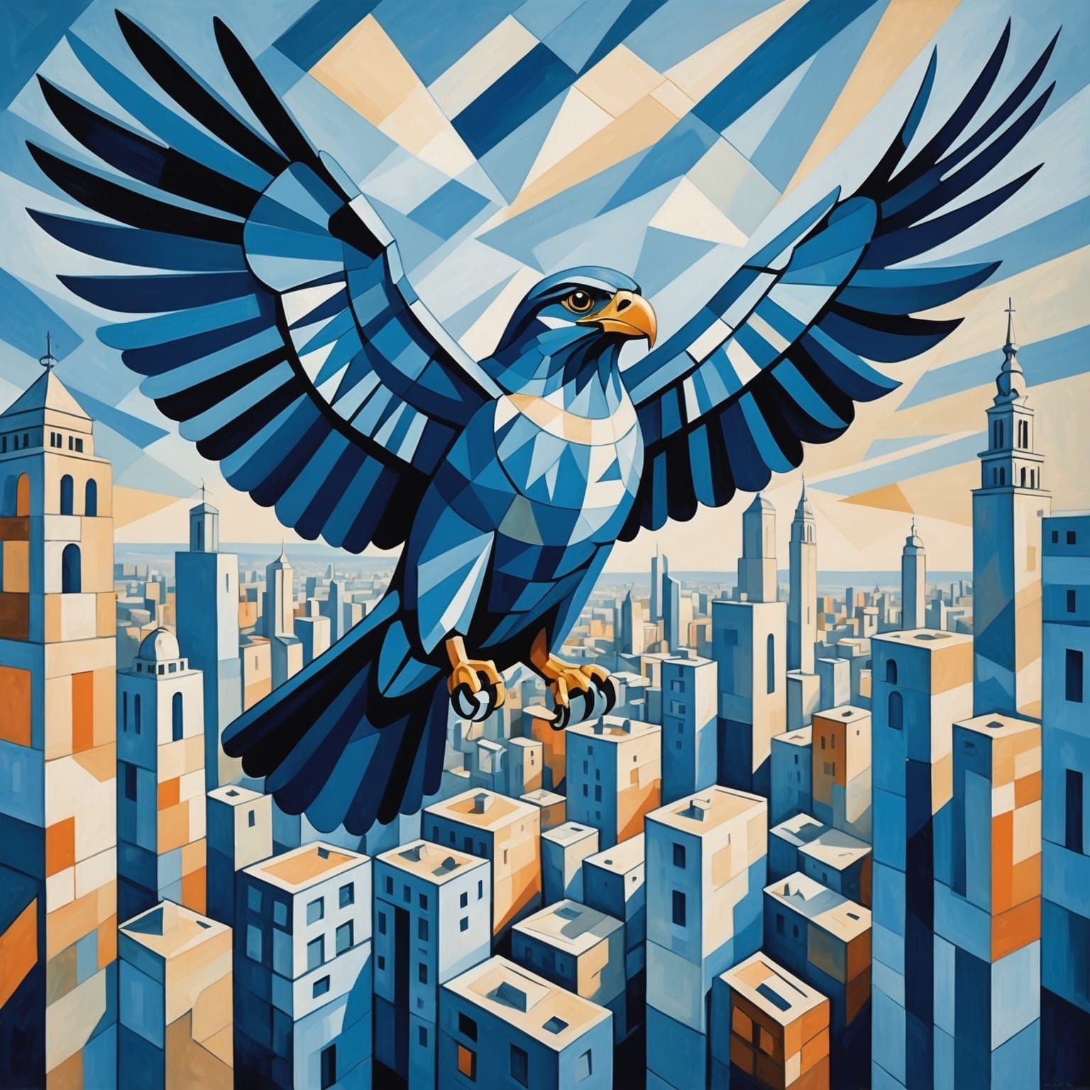 Falcon in Flight: Cubist Cityscape Inspired by Picasso