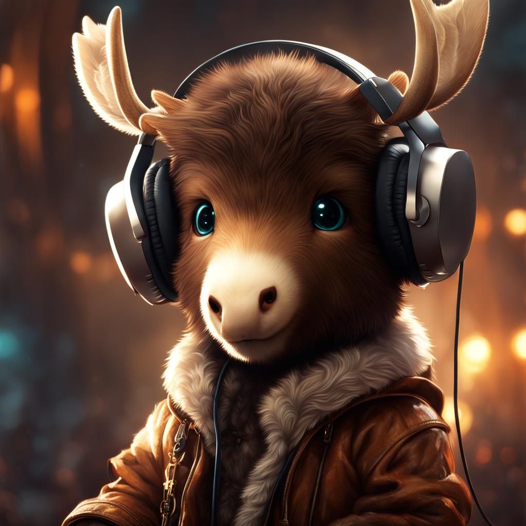 Adorable Furry Moose with Headphones in 3D