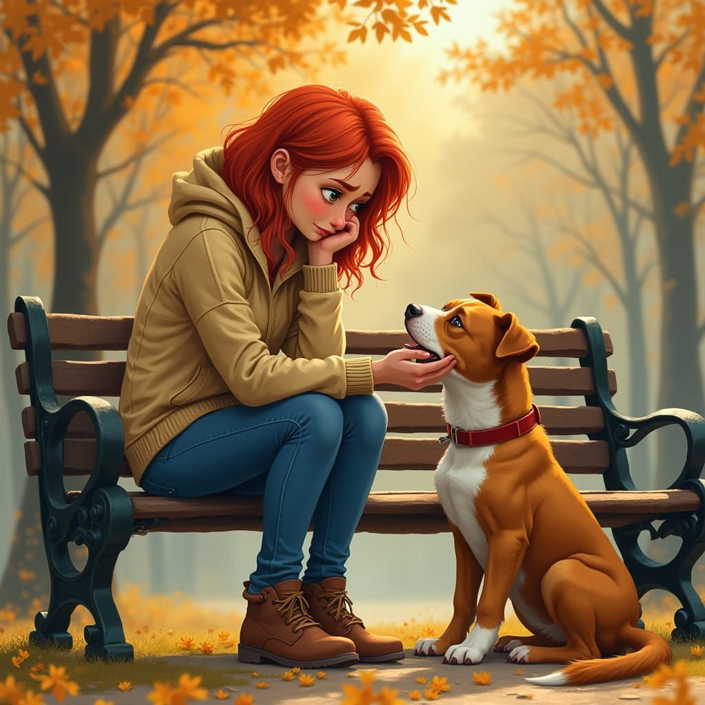 Comforting Pit Bull in Park Scene