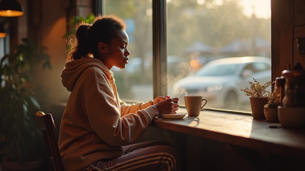 African American Woman Finds Peace in Cozy Coffee Shop