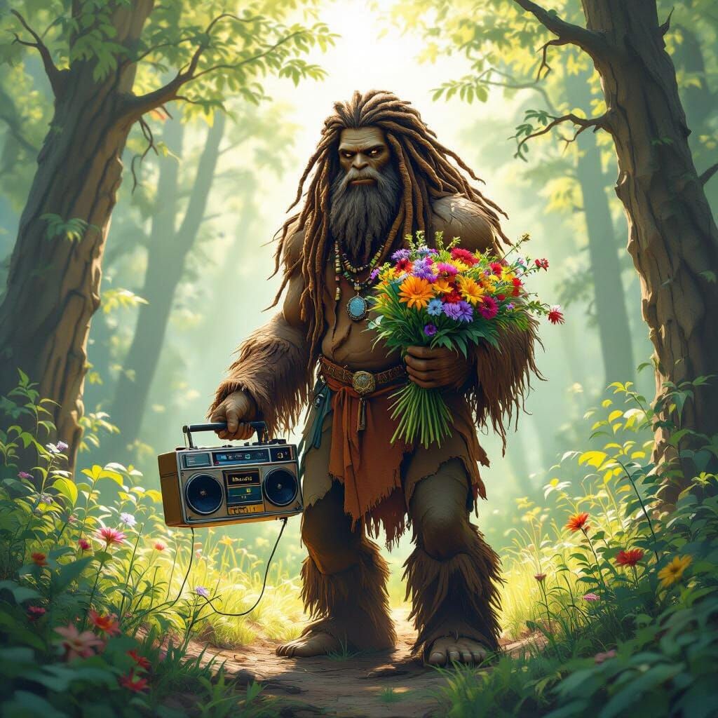 Majestic Bigfoot with Dreadlocks in Forest Clearing