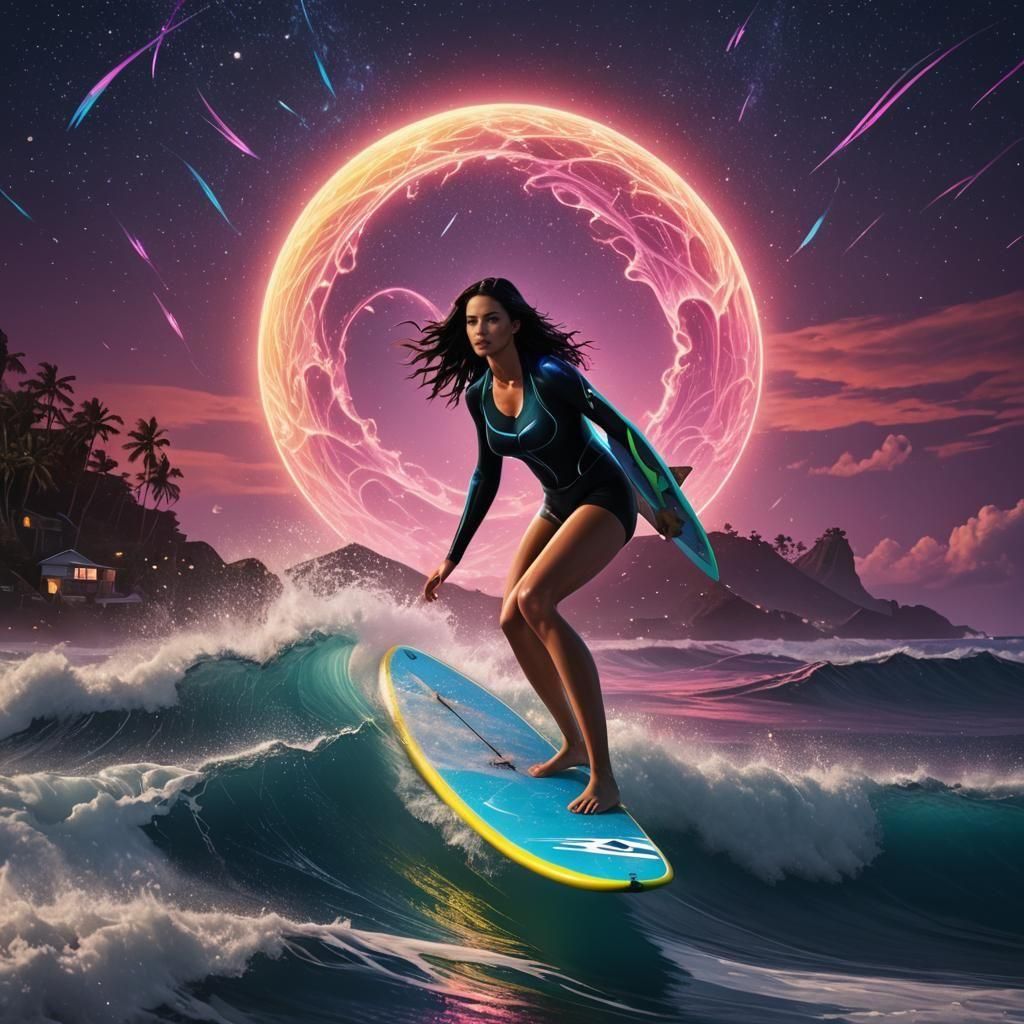 Surfer on Neon Board Under Shooting Stars