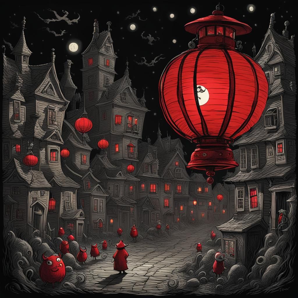 Red Lantern in Dark Town, Etching Style
