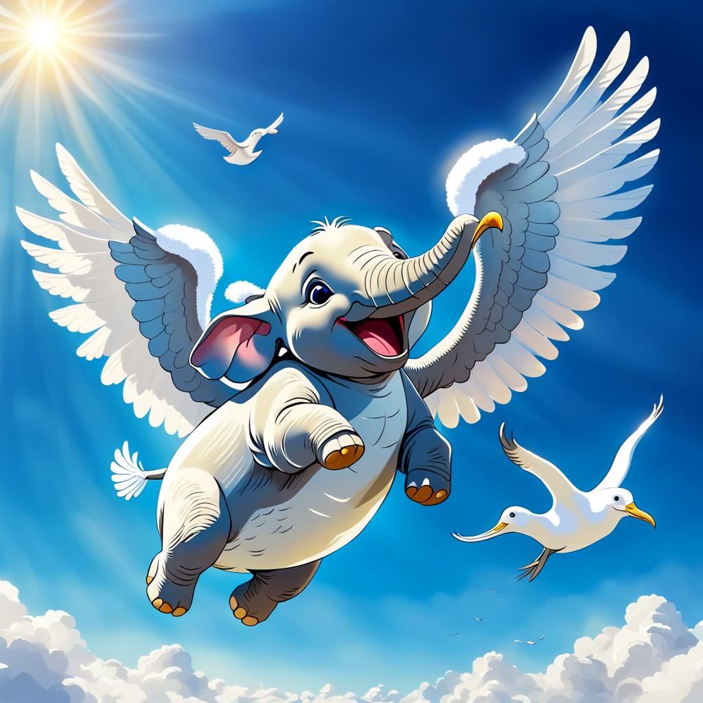 Winged Elephant Soaring in Sunny Sky