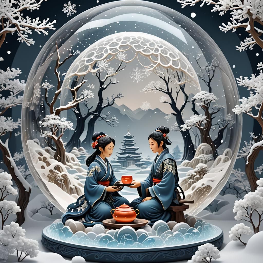 Zen Garden Snow Globe with Samurai Woman: 3D Render