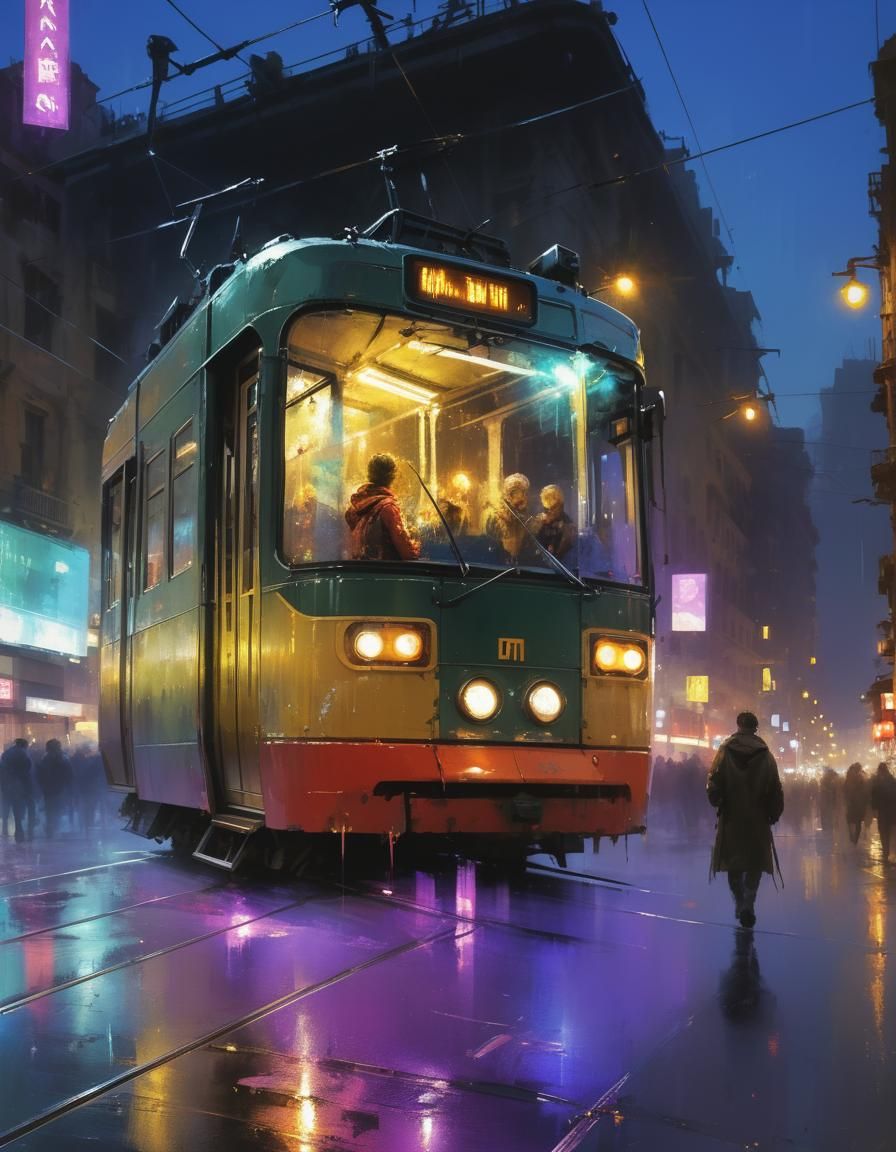 City Tram at Night: Fine Art Impression