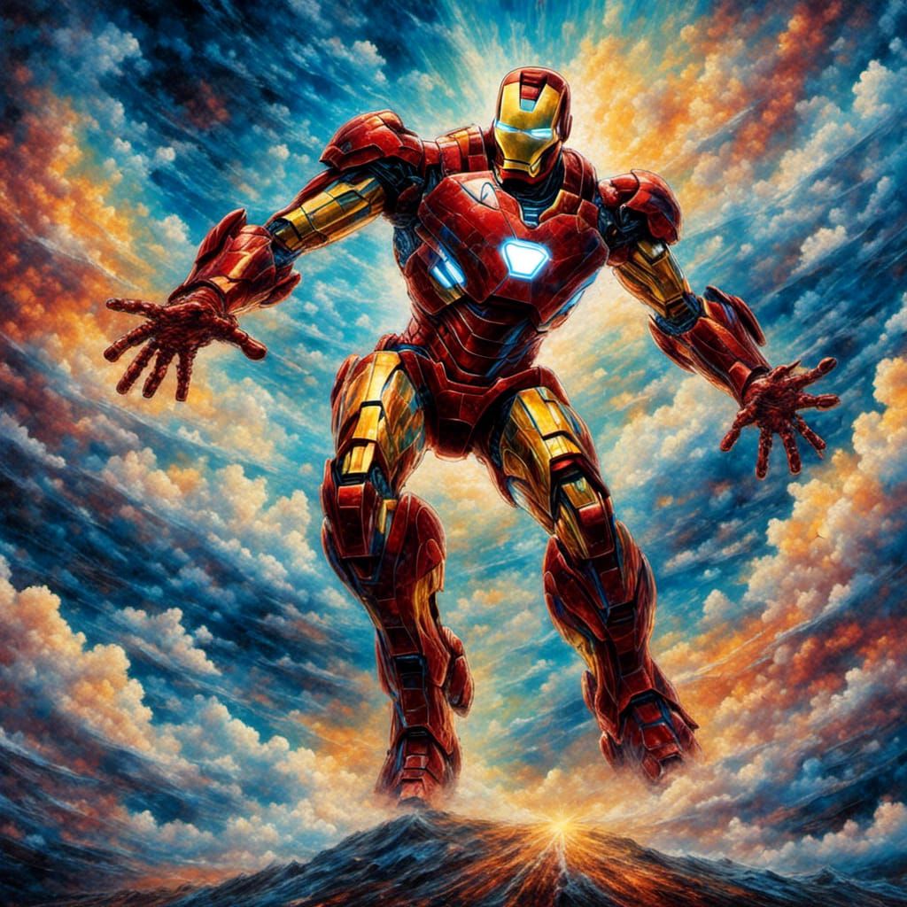 Iron Man Impasto Painting Fires Energy Beam