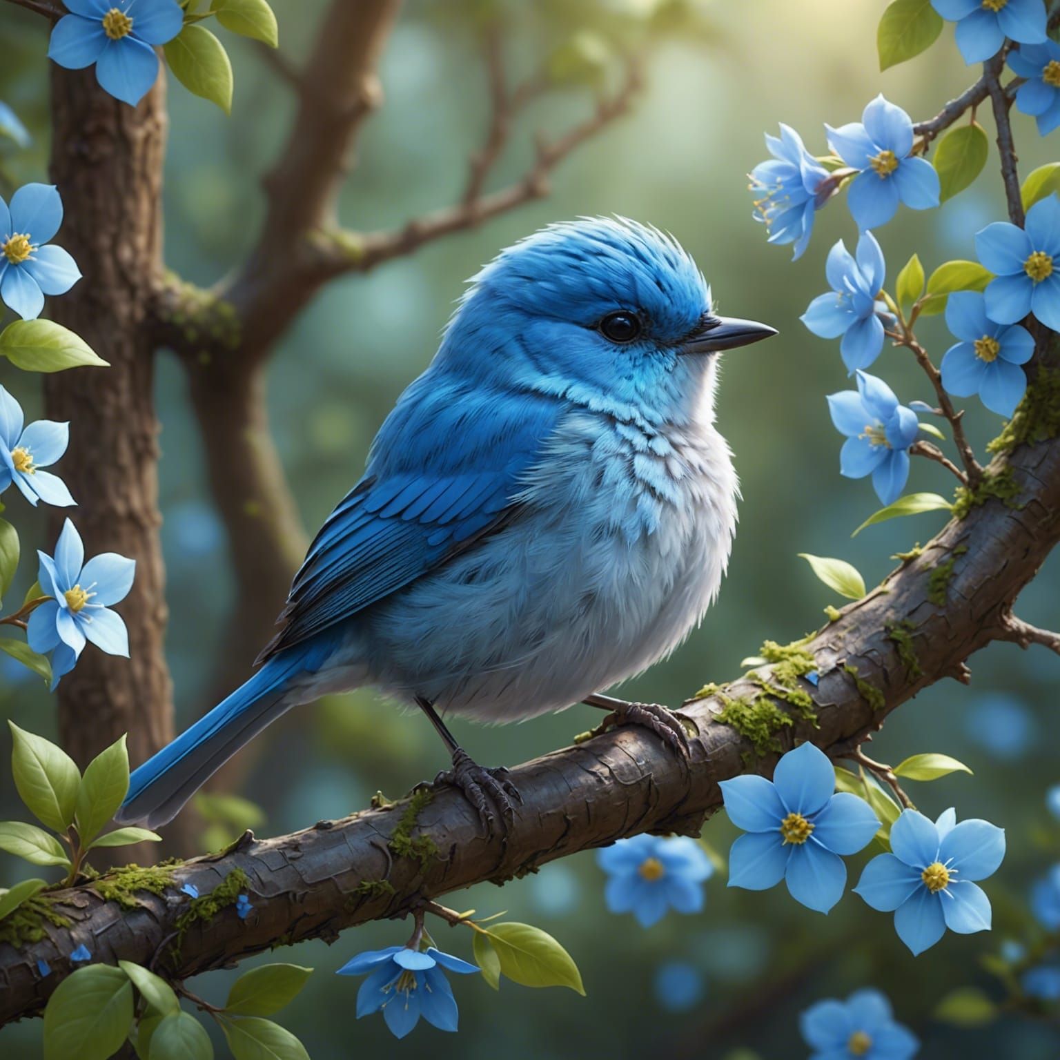 Pastel Chibi Bluebird in a Blossoming Forest