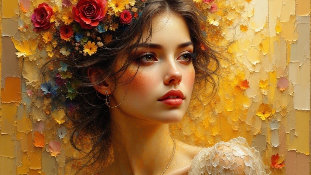 Golden Woman Contemplating Love as Impasto Painting