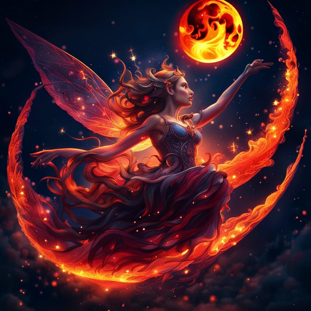 Fire Fairies Dancing in Ethereal Night Sky