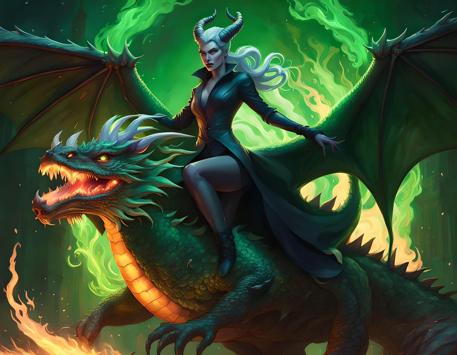 Maleficent on Dragon in Green Flame: Concept Art