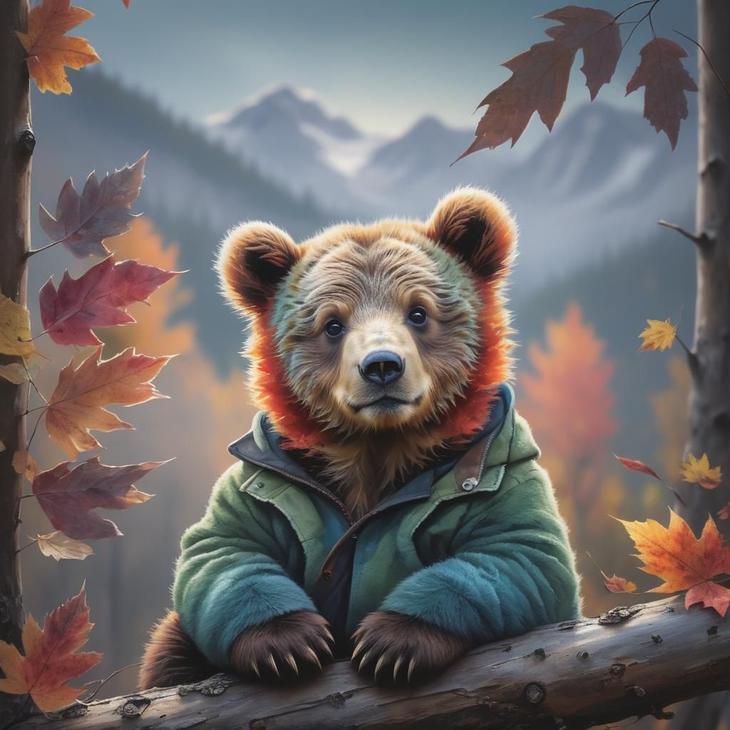 Adorable Bear Cub in Vibrant Autumn Colors