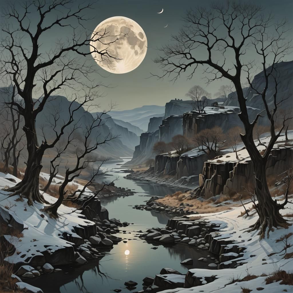 Eerie Moonlit Landscape with Red Accents