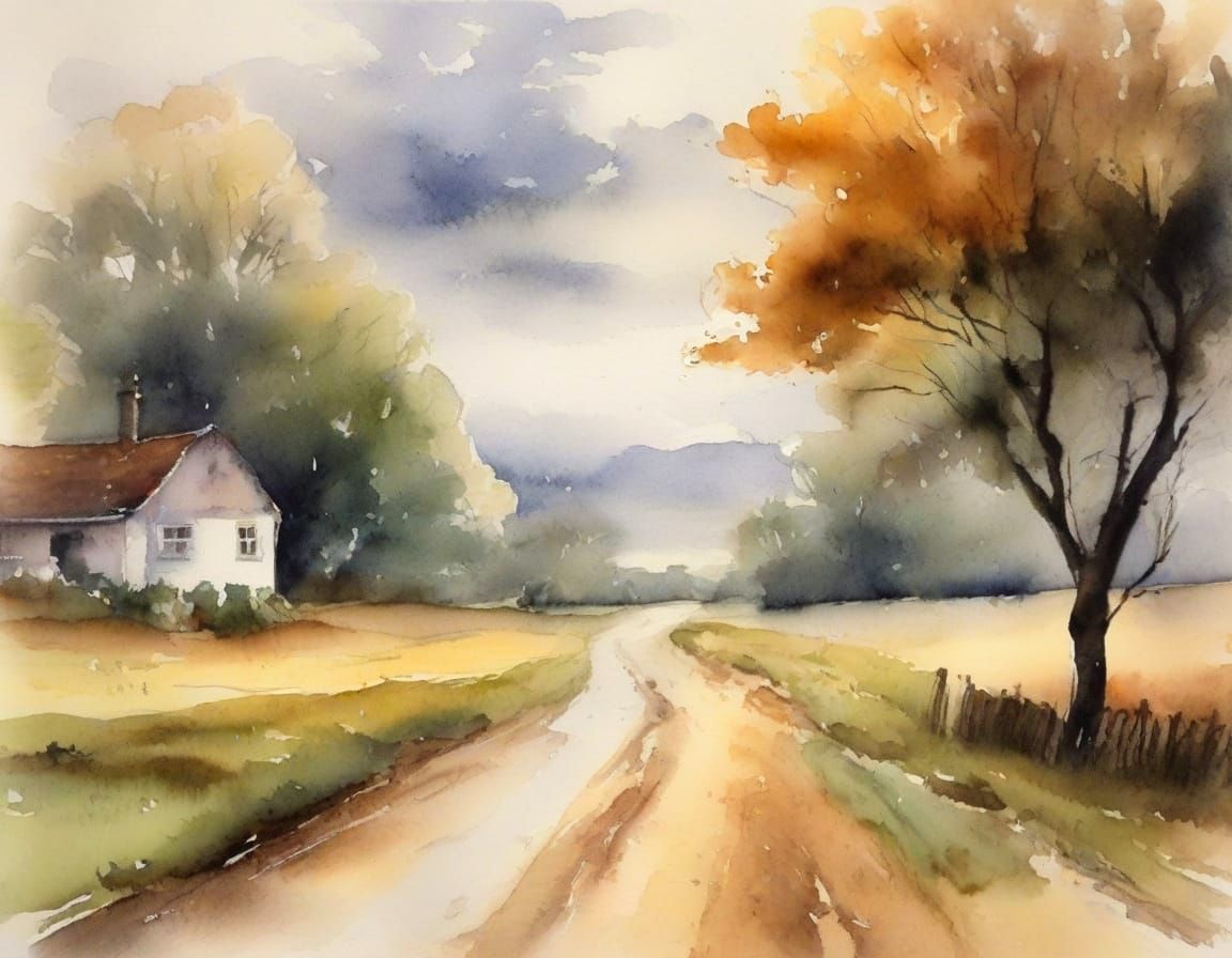 Watercolor Country Road in Rain with Cottages