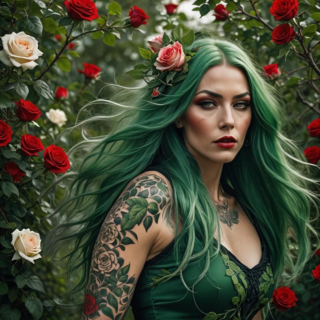 Green-Haired Woman in Exotic Outfit, Hyperrealistic Photo
