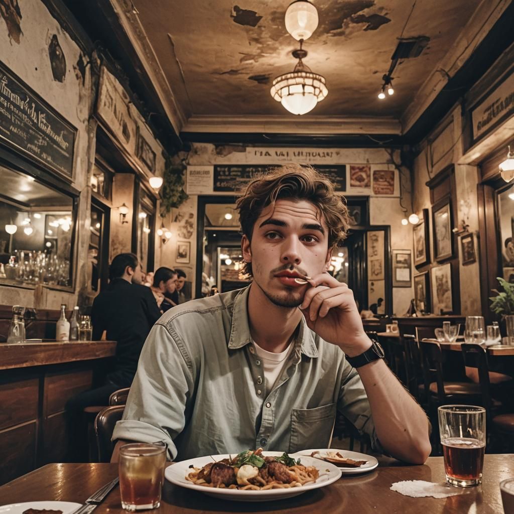 Grunge Guy Savoring Italian Delights in a Vibrant Setting