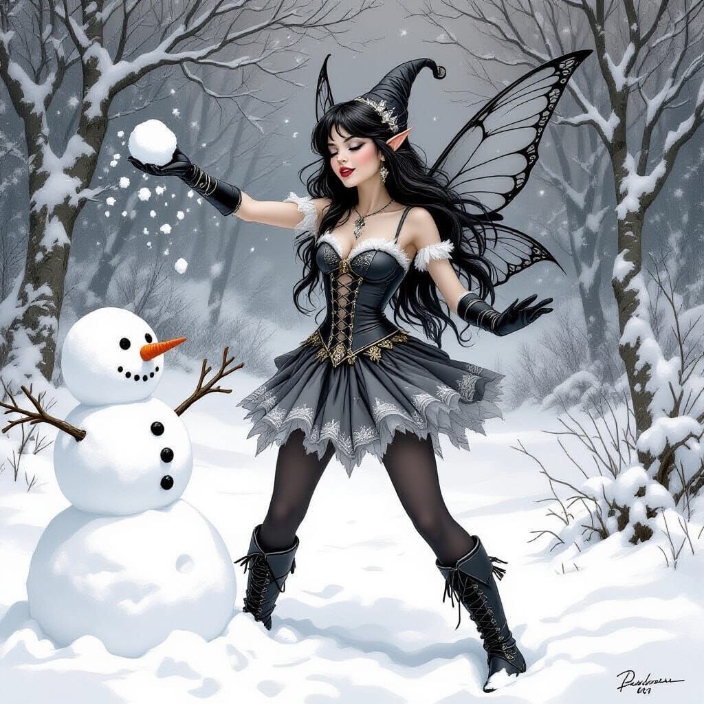 Monochromatic Fairy Throws Snowball in Winter Woodland