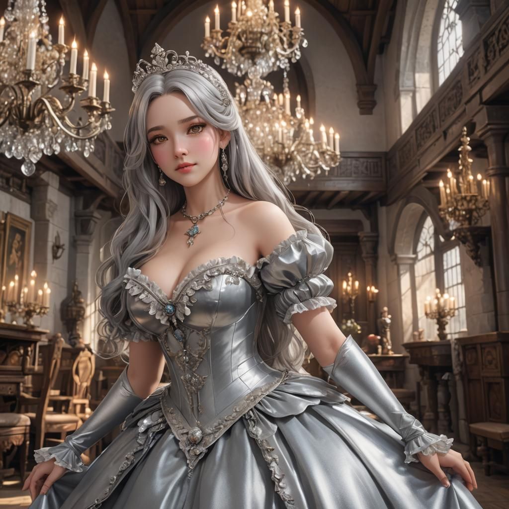 Curvy Princess in Silver Gown, Anime Style