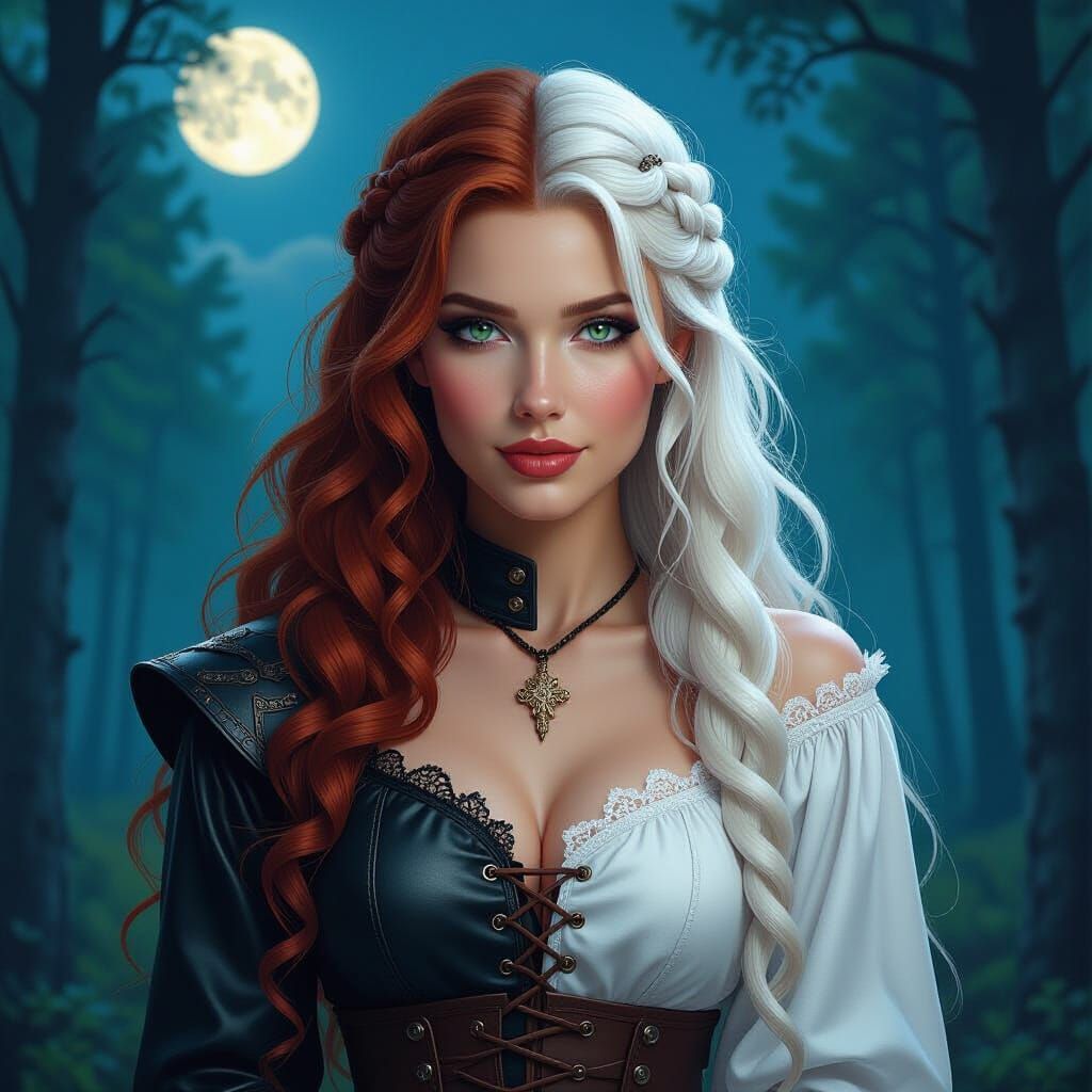 Dualistic Woman in Forest Clearing: Hyperrealistic Art