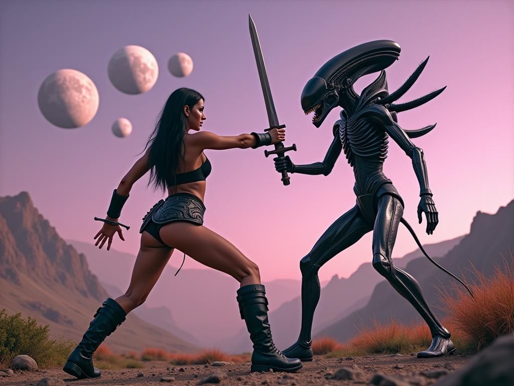 Barbarian Woman vs. Xenomorph on Alien Planet in 8K