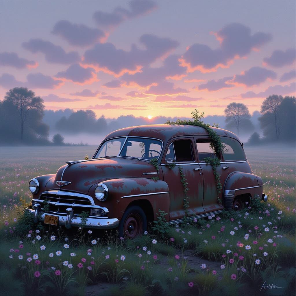 Rusted Hearse in Misty Field at Dawn