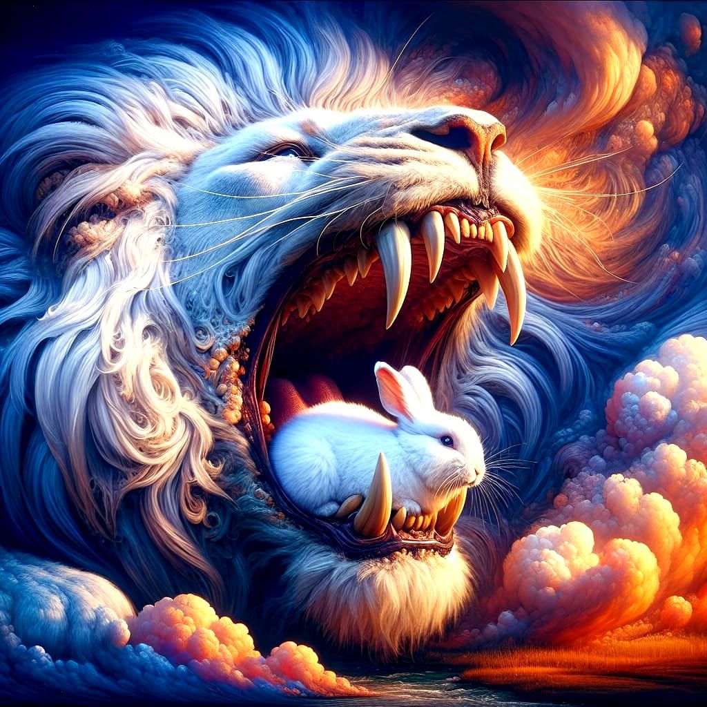White rabbit in a Lion's Open Mouth