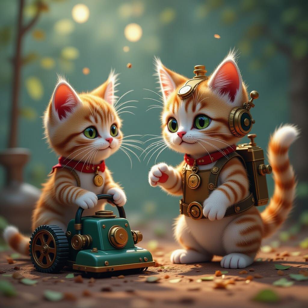 Cat Fights Vacuum in Steampunk 80s Digital Art