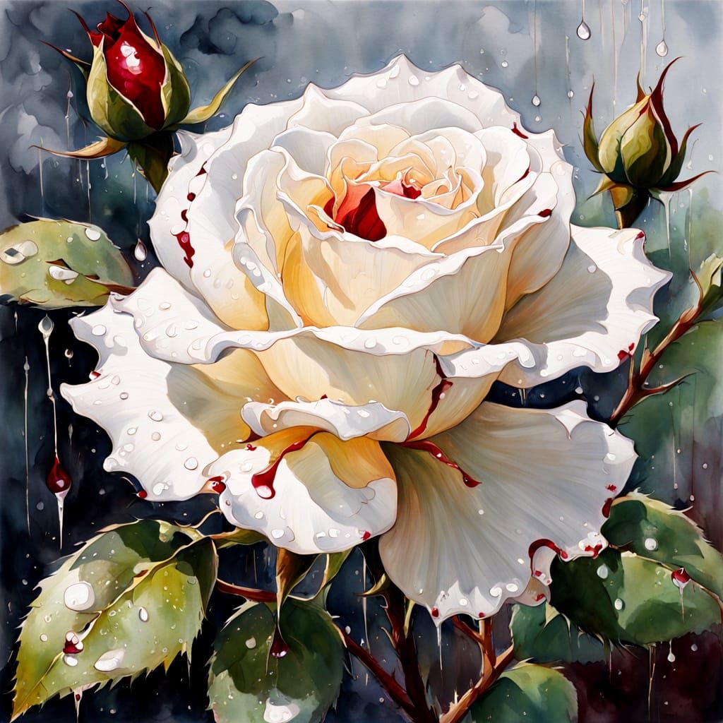 White Rose with Crimson Drop, Oil Painting Style