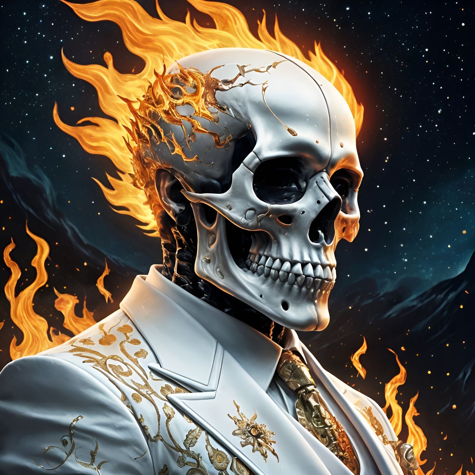 Flaming Skull in White Suit, Starry Night Fantasy