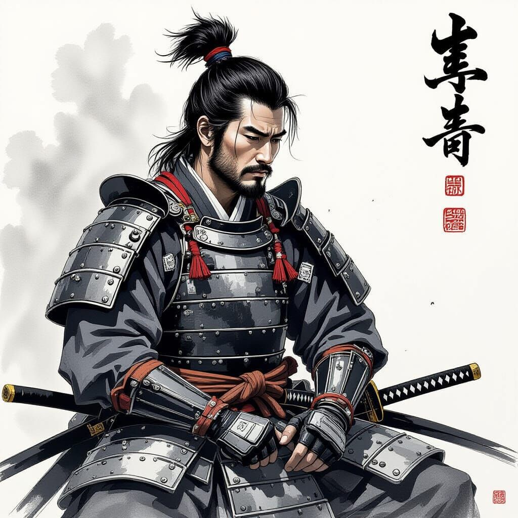 Samurai in Contemplation: Charcoal Drawing in Auerbach Style