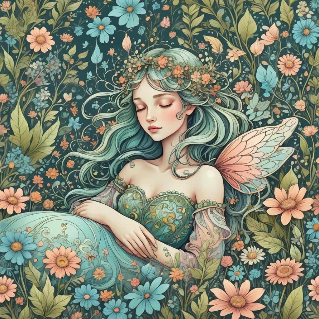 Sleeping Fairy in Meadow with Pastel Colors