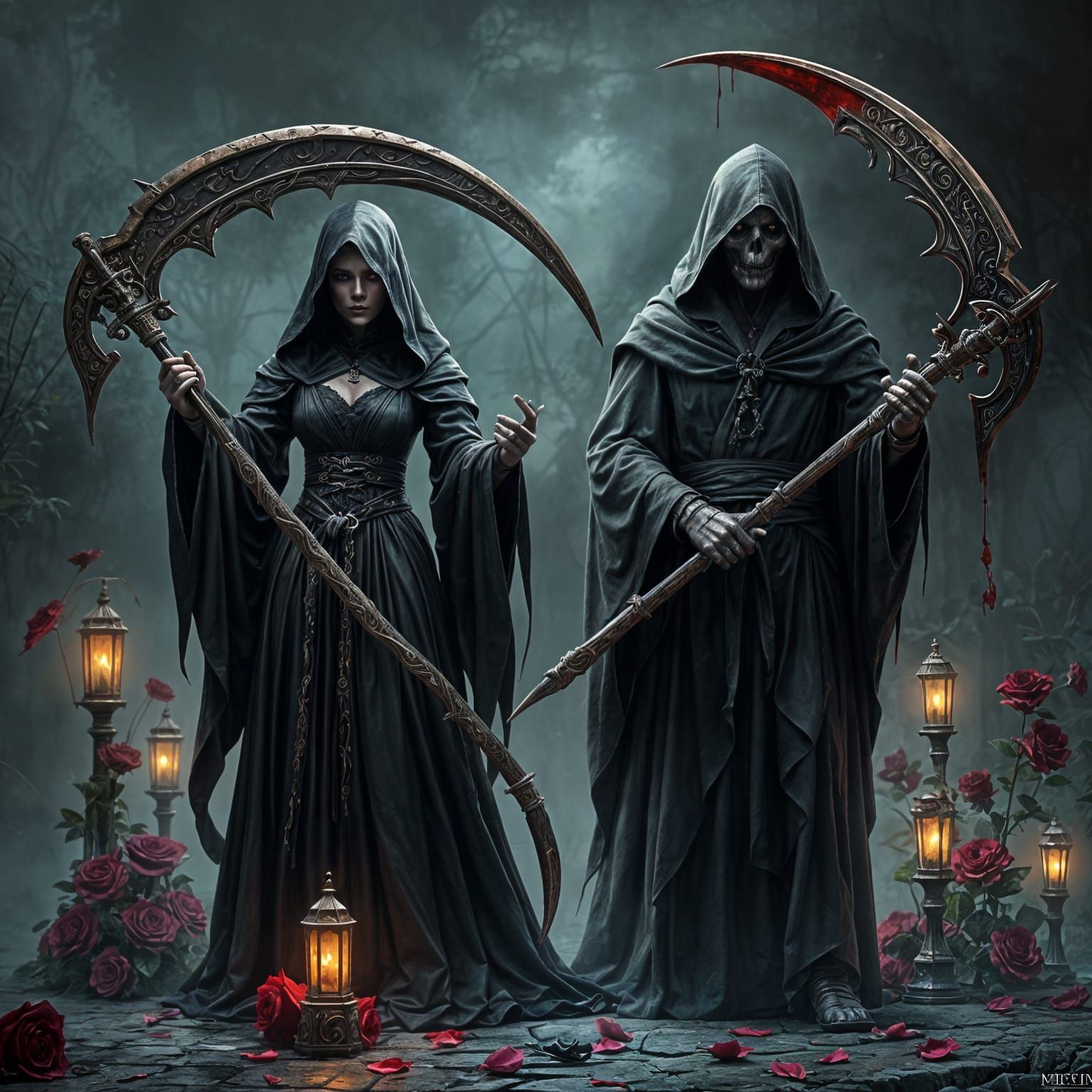 Eerie Grim Reaper Duo with Bloody Roses