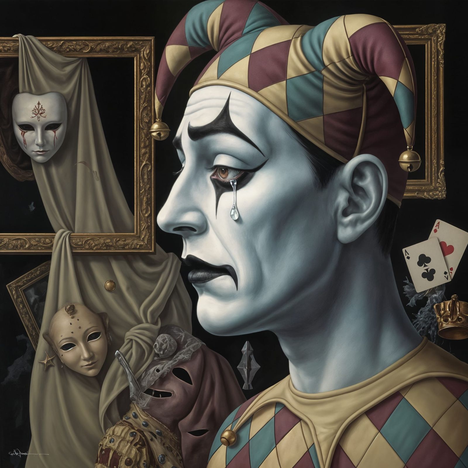Melancholic Jester Oil Painting in Surrealist Style