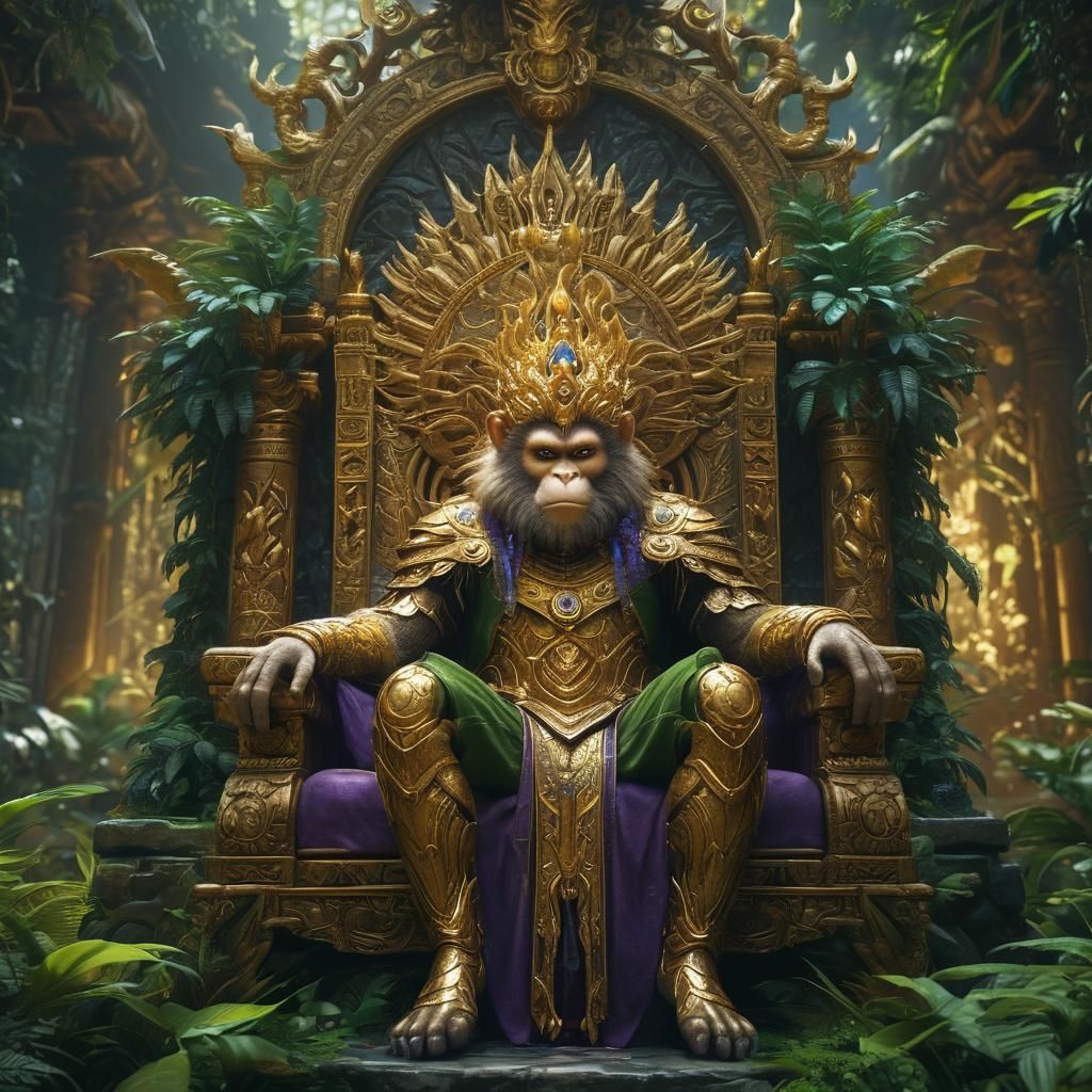Golden Monkey King on Jungle Throne: Digital Art