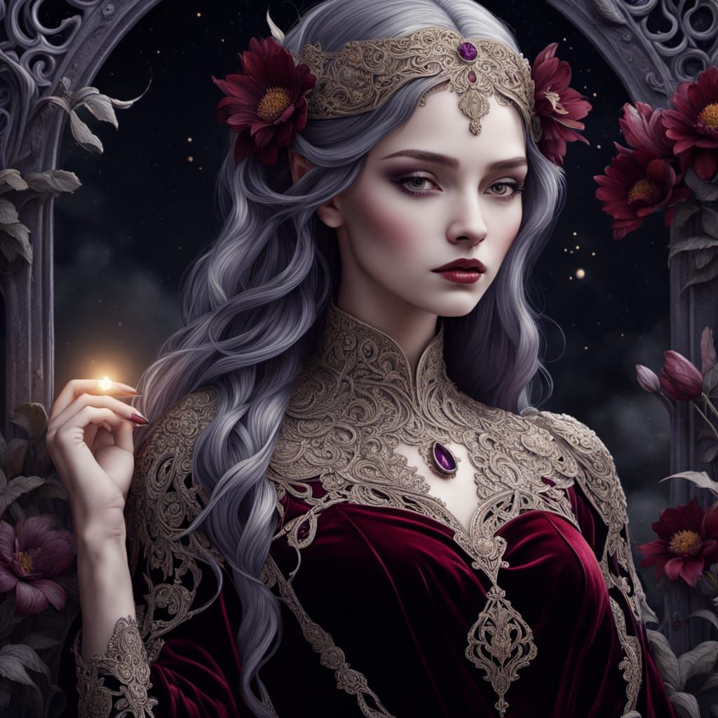 Gothic Goddess Rebecca in Moonlit Garden