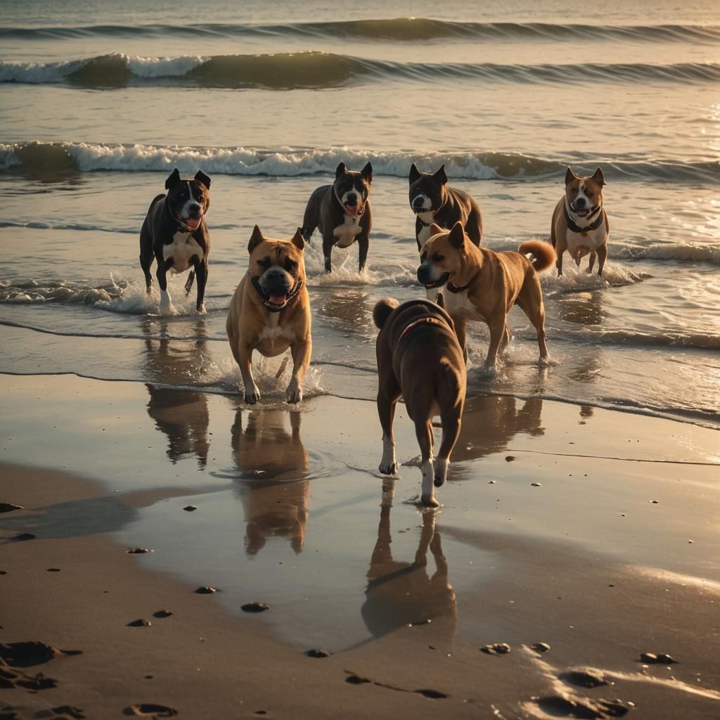Dogs Playing on Beach in Golden Light