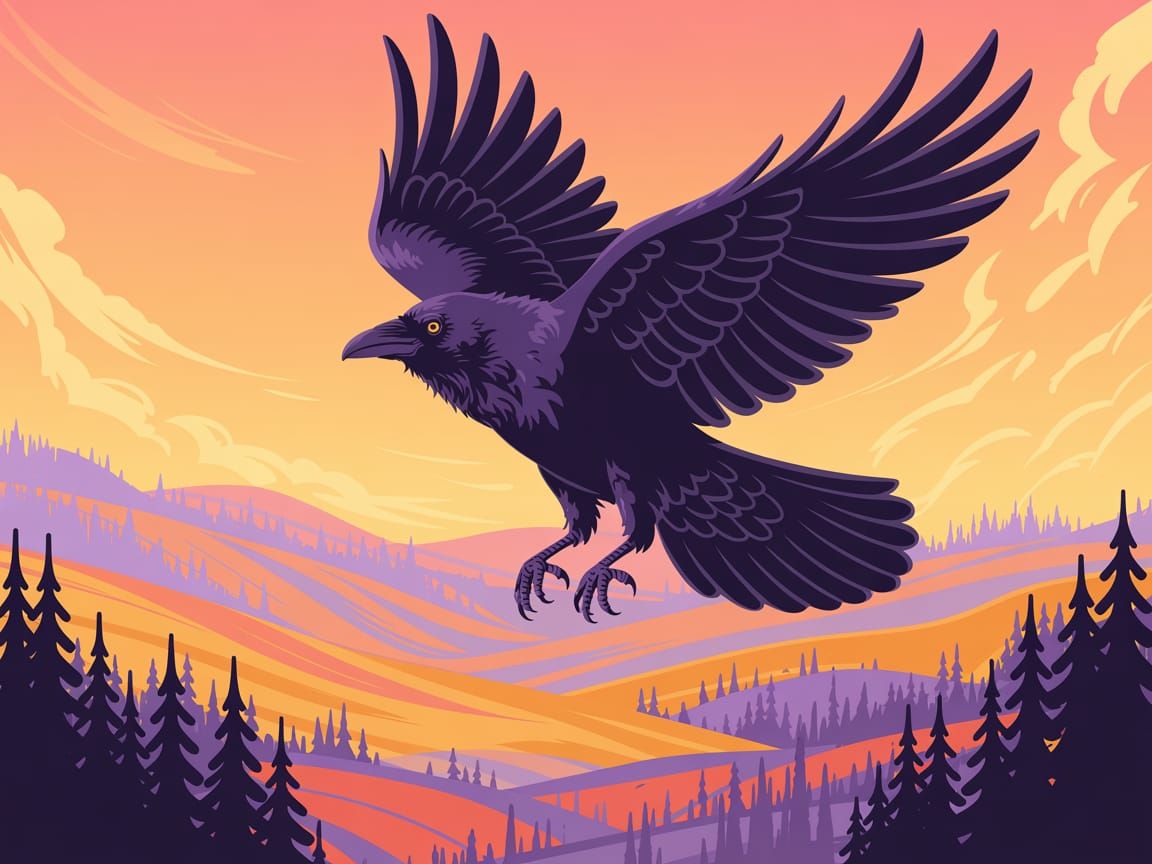 Raven Soaring Over Mountain Foothills at Sunset
