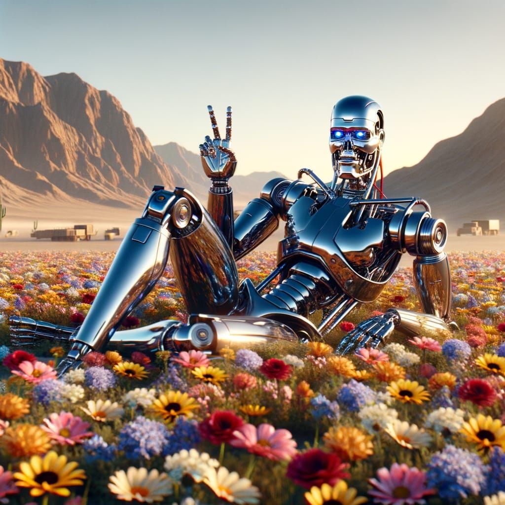 Chrome Robot in Flower Field, Ultra Realistic Photo