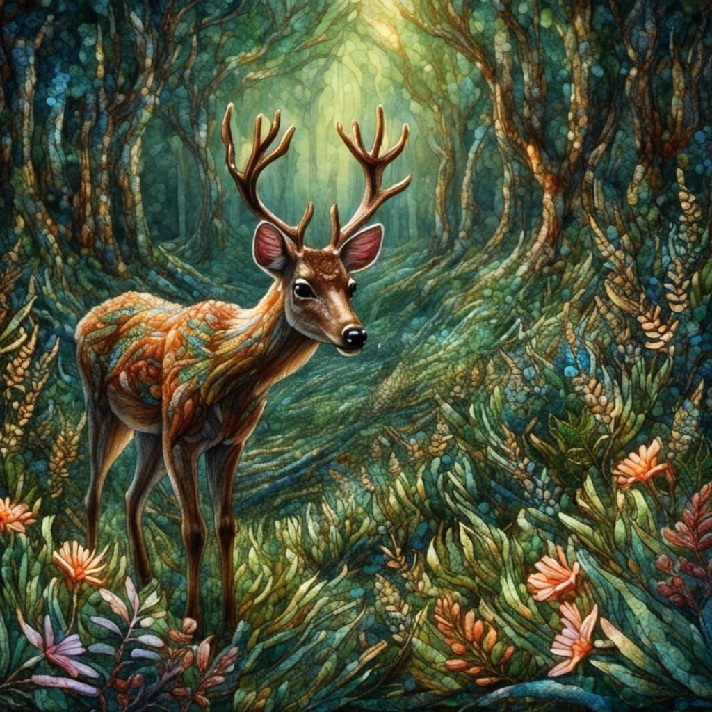 Sunlit Deer in Forest Glade with Mosaic Effect