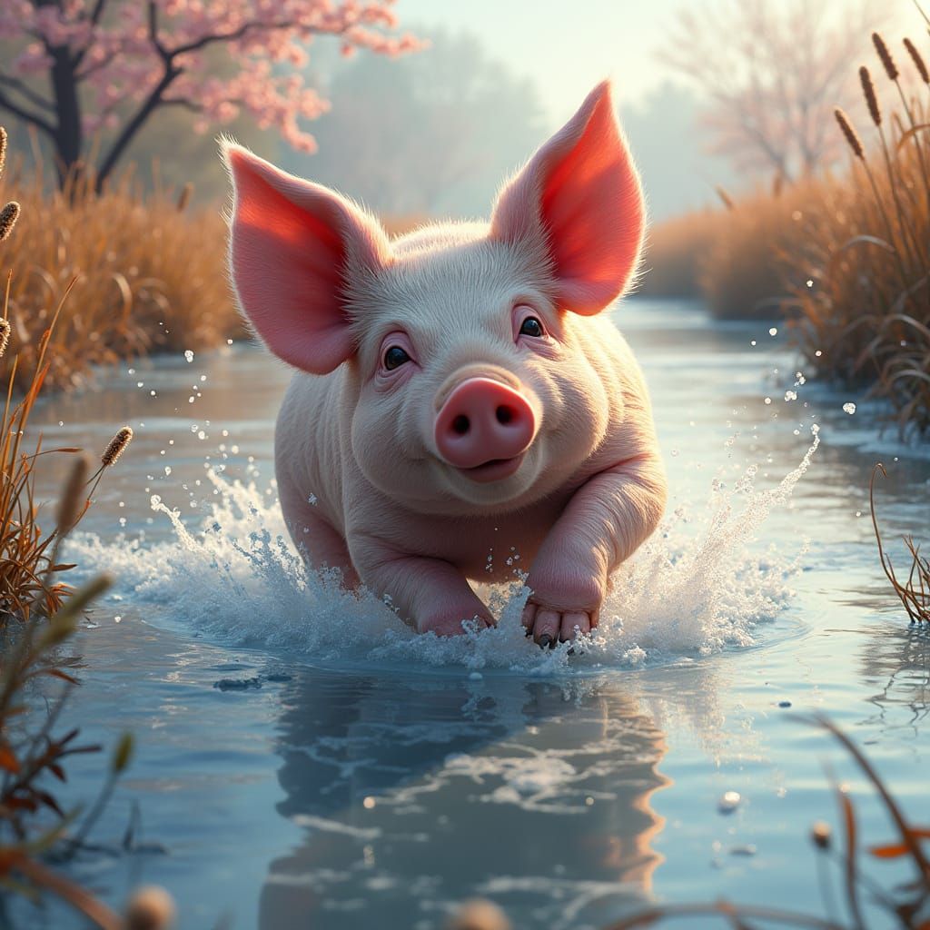 Comical Pig Struggles Across Frozen Pond in Vibrant, Splash ...