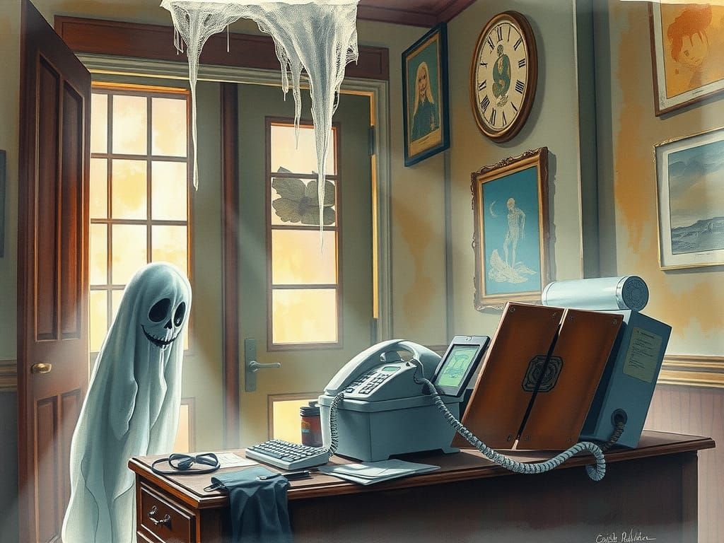 Ghost Uses Fax Machine: Spooky Watercolor Art