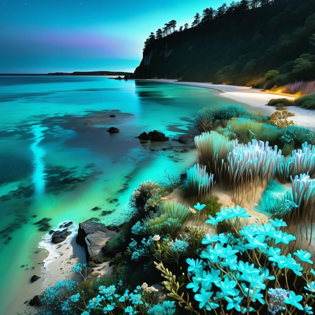 Bioluminescent Turquoise Bay with Cliffs and Flowers