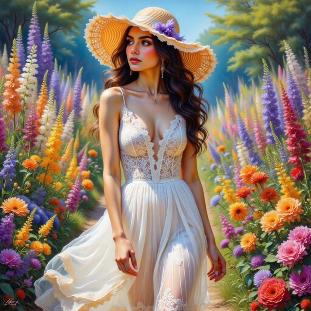 Woman in Garden: Vapor Impressionism and Art Nouveau